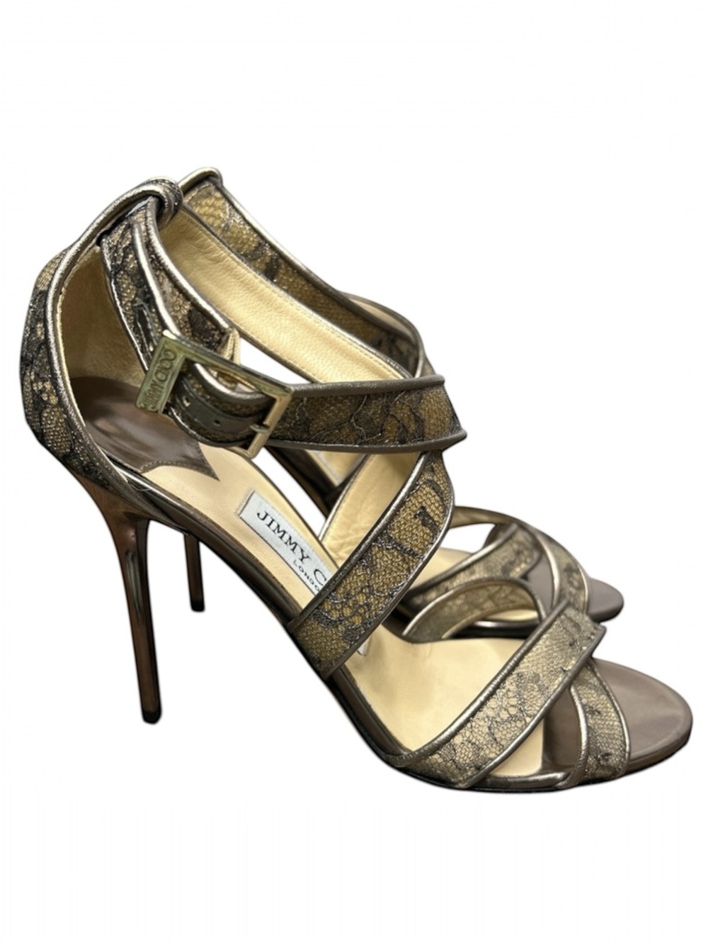 Jimmy Choo Lottie Pewter Lace Heels Strappy Sandals Stiletto Evening Size 37